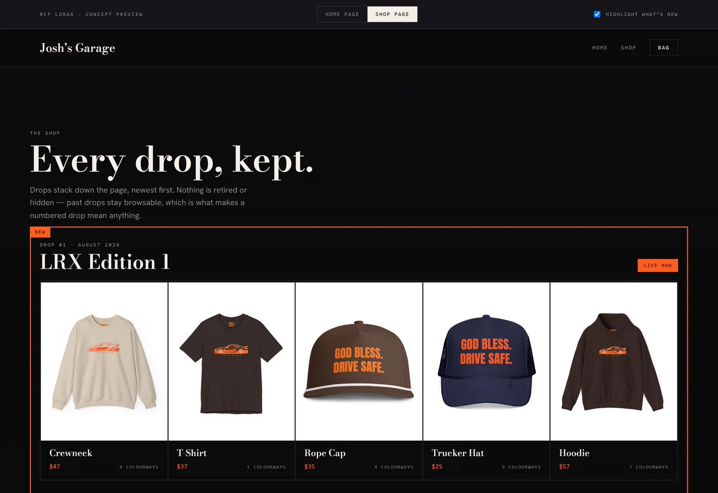 Concept preview of Josh's Garage shop page: Home page and Shop page toggles, Every drop kept, and Drop 01 LRX Edition 1