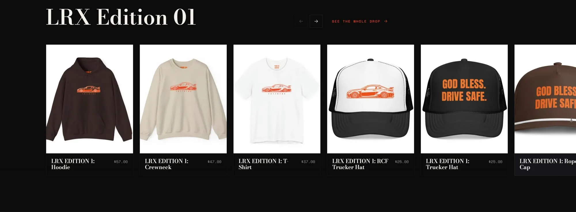 The rcflorax.com storefront, showing the LRX Edition 01 drop with six products and prices