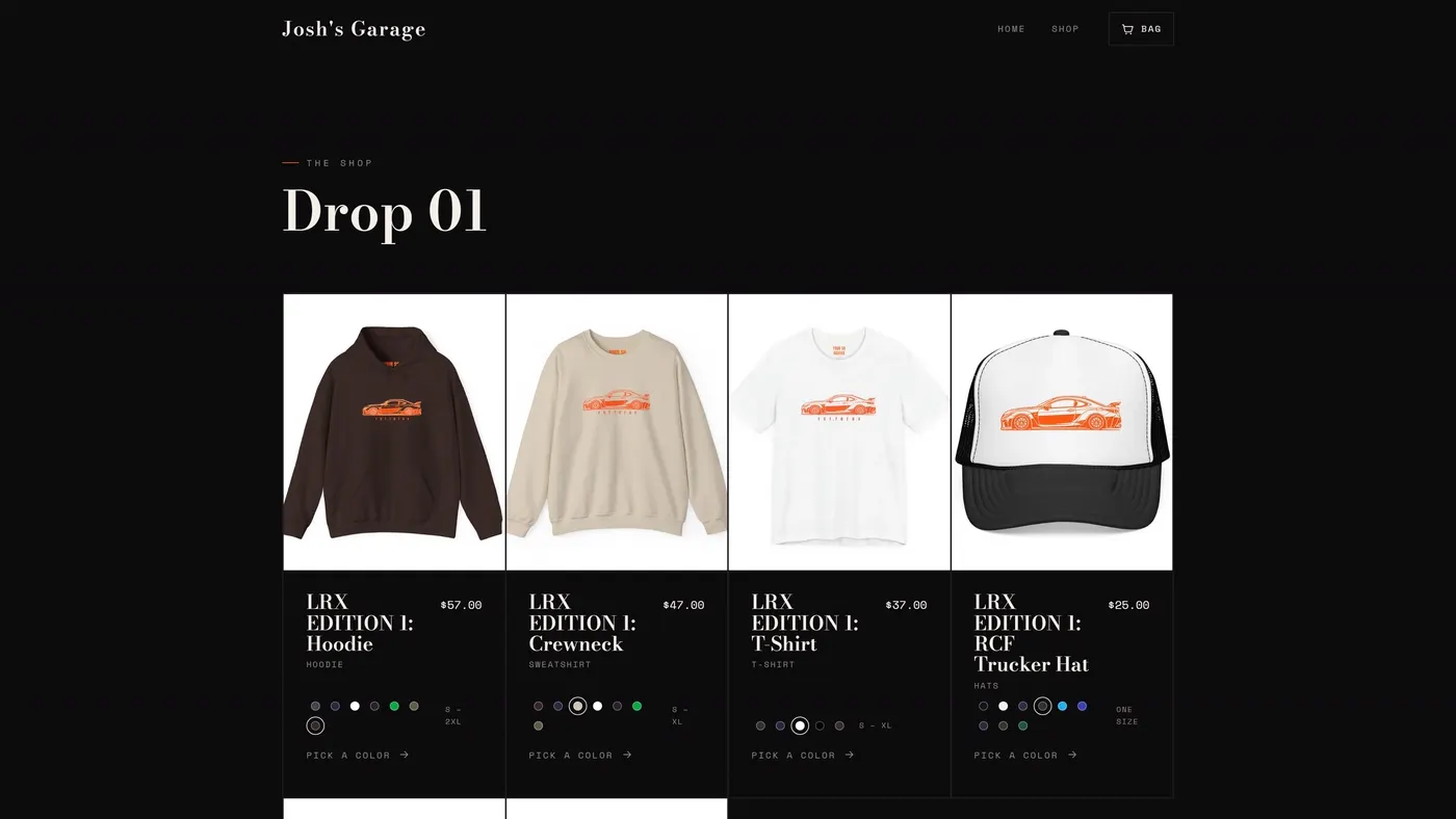 The Drop 01 collection page on rcflorax.com, desktop
